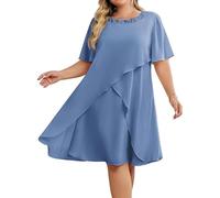 Hanna Nikole Vestidos para invitadas de boda para mujer, grandes tallas, de gasa, con lentejuelas, cuello redondo, elegante, vestido de cóctel, vestido de fiesta, midi, para la madre de la novia, azul