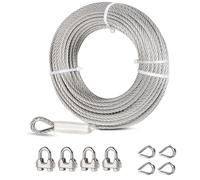 hannger Cable Acero 6mm, 15m Cable de Acero Inoxidable, 7 x 19 Hebras Cable Principal Zipline con 4 Abrazaderas y 4 Dedal, para Teleféricos, Luces para Exteriores