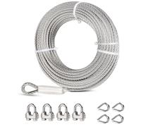 hannger Cable Acero 6mm, 38m Cable de Acero Inoxidable, 7 x 19 Hebras Cable Principal Zipline con 4 Abrazaderas y 4 Dedal, para Teleféricos, Luces para Exteriores