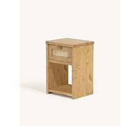 HANNUN - Mesita de Noche con cajón Tayen | Madera alistonada de Abeto y Tejido Natural de Junco | Color Olivo - 35 x 30 x 50 cm