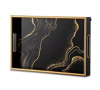 Hanobe Bandeja de café negra decorativa: bandejas de mesa de café doradas decorativas con asas para puf, bar, decoración del hogar, fáciles de limpiar y lavables