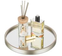 Hanobe Bandeja de tocador de baño con espejo: organizador de perfume dorado champán, bandejas decorativas modernas, bandejas redondas de madera para maquillaje, joyas, tocador, soporte para decoración