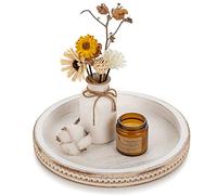 Hanobe Bandeja decorativa de madera redonda: bandeja de cuentas blancas lavada para mesa de café, bandeja de centro de mesa vintage para sala de estar, hogar y baño organizador