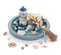 Hanobe Bandeja Decorativa para Mesa de café: Bandeja Redonda de Madera para decoración de Playa Costera, Accesorios de baño náuticos, Conchas Marinas, Estrella de mar, Azul