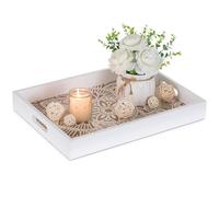 Hanobe - Bandeja Decorativa para Servir con Asas, Color Blanco Floral, Mesa de café para decoración de Centro de Mesa otomana, Rectangular, rústico, Bohemio, Madera para Sala de Estar