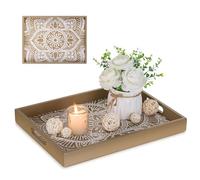 Hanobe Bandeja Decorativa para Servir con Asas de Madera Floral para Mesa de Centro de Mesa otomana, Rectangular, rústico, Bohemio, Madera para Sala de Estar, Color marrón