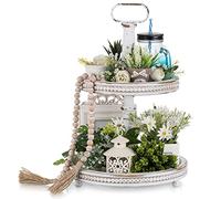 Hanobe Decoración de Bandeja escalonada de Granja: Soporte de Madera de 2 Niveles, Dos bandejas Decorativas para Servir, bandejas Redondas Blancas con Cuentas para baño, Cocina, centros de Mesa,