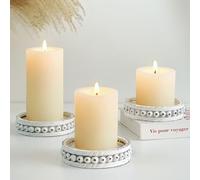 Hanobe Portavelas de Placa de Madera: Juego de 3 Platos de Vela pequeños, Bandeja Decorativa de Color Blanco Lavado con Cuentas, portavelas Redondos, Centro de Mesa de Granja para Chimenea, Comedor,