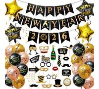 Hanqing Decoraciones de Año Nuevo, pancarta de Feliz Año Nuevo 2026, serpentinas de remolinos negros y dorados, accesorios de cabina de fotos de Año Nuevo, globos de aluminio dorado para decoraciones