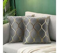 Hanrunsi Cojín Gris Juego de 2 Fundas de Cojín Gris Y Dorado 40x40cm Terciopelo Decorativo 16 x 16 '' Fundas de Almohada Suave Cojines Decorativos Cuadrados para Sofá, Dormitorio, Sala de Estar