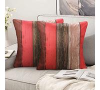 Hanrunsi Cojines Exterior Rojo 50x50 Lino Fundas Cojines Rayas de Colores Casa de Campo Rústica Granero Textura de Madera Rojo Naranja Gris Funda Almohada para Sofá Balcón Juego de 2