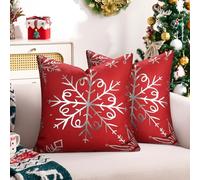 Hanrunsi Funda de Almohada 45x45 Rojo y Plata Navidad, Funda de Cojin de Decoración Navideña, Fundas de Cojines Decorativas con Patrón Navideño, Copo de Nieve, Feliz Navidad 2 Piezas
