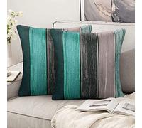 Hanrunsi Funda de Cojín para Sofá 40 x 40 Turquesa Lino Algodón Decorativa Moderna Cuadrada de Madera a Rayas Retro para Cama Coche Sala de Estar Decoración del Hogar Juego de 2