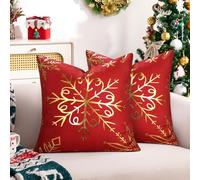 Hanrunsi Fundas de Almohada Navideñas Rojas y Doradas de 45 x 45 cm, Funda de Cojin Decorativas con Estampado Navideño, Copos de Nieve y Feliz Navidad para Sofá, Dormitorio y Sala de Estar Juego de 2
