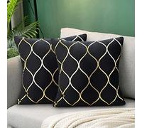 Hanrunsi Fundas de Cojín Negra Y Dorada 45x45 Juego de 2 Fundas de Almohada de Terciopelo Cuadradas Decorativas Suaves Geométricas para Sofá, Silla, Balcón con Cremallera Invisible