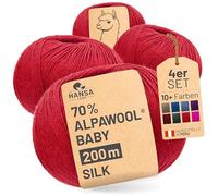 HANSA-FARM |Alpawool 70% Baby Alpaca con 30% Seda 200g Set (4 x 50g) lana sedosa y sin picores para tejer y hacer ganchillo - CF177 Rojo