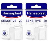 Hansaplast Enlucidos sensibles (20 tiras), resistentes a la piel e hipoalergénicos para heridas con escudo de bacterias y adhesión segura, sin dolor extraíble (Paquete de 2)