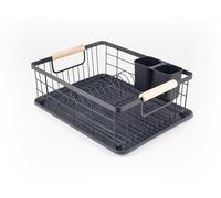 Hanseküche Escurreplatos Negro Mate - Escurreplatos Asas de Madera - Escurreplatos de Acero Inoxidable para el Fregadero