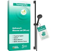 hansgrohe Activera S - conjunto de ducha con alcachofa de ducha, EcoSmart (max. 3 l/min), con función WaterBoost (max. 9,4 l/min), flexo de ducha (1,60 m), barra (0,65 m), negro mate, 28864670