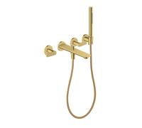 hansgrohe AXOR Citterio C Grifería para bañera empotrada de 3 agujeros para montaje en pared, con ducha de mano, corte cúbico, 49481990, Color: Óptica Oro Pulido