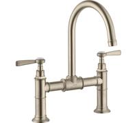hansgrohe AXOR Montreux Mezclador de lavabo de 2 manijas 220, juego de desagüe, manijas de palanca, proyección de 175mm, 16511820, Color: Níquel Cepillado
