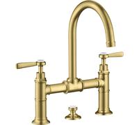 hansgrohe AXOR Montreux Mezclador de lavabo de 2 manijas 220, juego de desagüe, manijas de palanca, proyección de 175mm, 16511950, Color: Latón cepillado