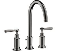 hansgrohe AXOR Montreux Mezclador de lavabo de 3 agujeros 180, juego de desagüe, tiradores de palanca, proyección de 175 mm, 16514330, Color: Cromo negro pulido