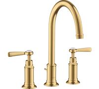 hansgrohe AXOR Montreux Mezclador de lavabo de 3 agujeros 180, juego de desagüe, tiradores de palanca, proyección de 175 mm, 16514250, Color: Óptica de oro cepillado