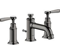 hansgrohe AXOR MONTREUX Mezclador de lavabo de 3 agujeros 30, juego de desagüe, tiradores de palanca, proyección de 142 mm, 16535330, Color: Cromo negro pulido