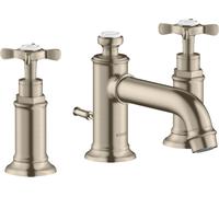 hansgrohe AXOR MONTREUX Mezclador de lavabo de 3 agujeros 30, juego de desagüe, voladizo de 142 mm, 16536820, Color: Níquel Cepillado