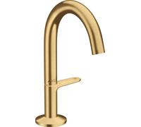 hansgrohe AXOR One grifería de lavabo Select+ 140 con desagüe automático push-open, 122 mm de saliente, 48010250, Color: Óptica de oro cepillado