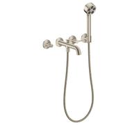 hansgrohe AXOR One Grifería para bañera empotrada de 3 orificios para montaje en pared, con manetas y ducha de mano, 48444820, Color: Níquel Cepillado
