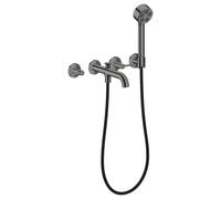 hansgrohe AXOR One Grifería para bañera empotrada de 3 orificios para montaje en pared, con manetas y ducha de mano, 48444330, Color: Cromo negro pulido