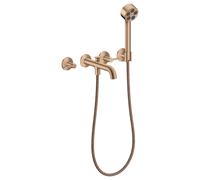 hansgrohe AXOR One Grifería para bañera empotrada de 3 orificios para montaje en pared, con manetas y ducha de mano, 48444310, Color: Oro rojo cepillado