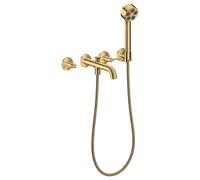 hansgrohe AXOR One Grifería para bañera empotrada de 3 orificios para montaje en pared, con manetas y ducha de mano, 48444990, Color: Óptica Oro Pulido