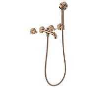 hansgrohe AXOR One Grifería para bañera empotrada de 3 orificios para montaje en pared, con manetas y ducha de mano, 48444300, Color: Oro rojo pulido
