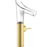 hansgrohe AXOR Starck V Mezclador monomando de lavabo 220 con caño de vidrio para lavabos con kit de desagüe, 12114950, Color: Latón cepillado