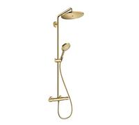 hansgrohe Croma Select S Showerpipe 280 - Ducha de lluvia (cabezal de ducha, barra de ducha, termostato, manguera, 3 tipos de chorros), acabado dorado pulido