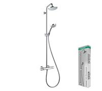 hansgrohe Croma - sistema de ducha con termostato, ducha lluvia (160 mm) con grifo, ducha de mano (4 tipos de chorro), flexo, barra, ducha fija redondo (1 tipo de chorro), cromo, 27135000