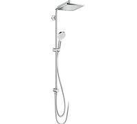 hansgrohe Crometta E - sistema de ducha ahorro de agua (EcoSmart) sin grifo, ducha lluvia (240 x 240 mm) con inversor, ducha de mano, flexo, barra, ducha fija rectangular, cromo