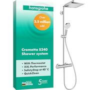 hansgrohe Crometta E - sistema de ducha con termostato, ducha lluvia (240 x 240 mm) con grifo, ducha de mano (2 tipos de chorro), flexo, barra, ducha fija rectangular, cromo, 27271000