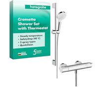 Sistema de ducha de superficie hansgrohe Crometta Vario con Ecostat 1001 CL termostato y barra de ducha 65 cm, blanco/cromo, 27812400