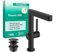 hansgrohe Finoris - grifo lavabo con vaciador Push-Open, grifo monomando lavabo, altura del caño 221 mm, max. 5 l/min (EcoSmart), cromo negro cepillado, 76063340