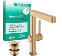 hansgrohe Finoris - grifo lavabo con vaciador Push-Open, grifo monomando lavabo, altura del caño 221 mm, max. 5 l/min (EcoSmart), bronce cepillado, 76063140