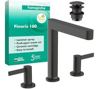 hansgrohe Finoris - grifo lavabo de 3 agujeros con vaciador Push-Open, grifo monomando lavabo, altura del caño 169 mm, max. 5 l/min (EcoSmart), cromo negro cepillado, 76034340
