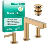 hansgrohe Finoris - grifo lavabo de 3 agujeros con vaciador Push-Open, grifo monomando lavabo, altura del caño 113 mm, max. 5 l/min (EcoSmart), bronce cepillado, 76033140