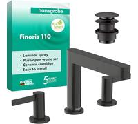 hansgrohe Finoris - grifo lavabo de 3 agujeros con vaciador Push-Open, grifo monomando lavabo, altura del caño 113 mm, max. 5 l/min (EcoSmart), cromo negro cepillado, 76033340