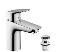 hansgrohe Logis - grifo lavabo con vaciador Push-Open, grifo monomando lavabo 93 mm, mezclador monomando lavabo ahorro de agua (EcoSmart), cromo, 71107000