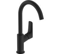 hansgrohe Logis - grifo lavabo sin desagüe, caño giratorio, grifo monomando lavabo 221 mm, mezclador monomando lavabo ahorro de agua (EcoSmart), negro mate, 71131670