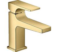 hansgrohe Metropol mezclador monomando de lavabo 100, manija de palanca, residuos emergentes de empuje, para lavabo de lavado a mano, proyección 127mm, 32500990, Color: Óptica Oro Pulido
